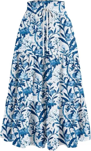 Midi Skirts for Women - High Waist Pleated Bohemian A-Line Ruffle Skirt for Casual Outings