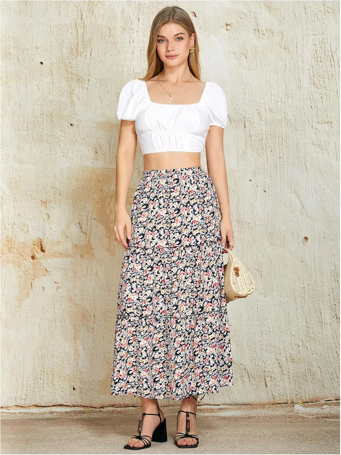 Milumia Women's Boho Vintage Floral Tiered A Line Pleated Midi Skirt High Waist Long Flowy Skirts