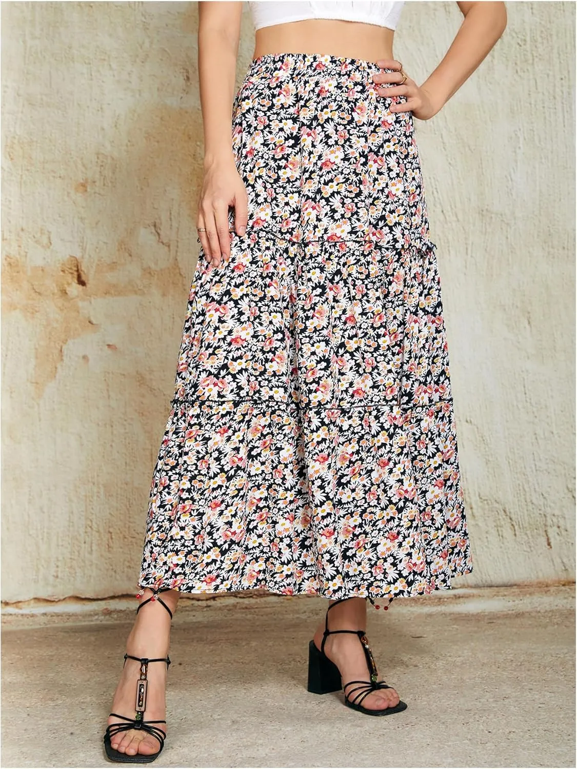 Milumia Women's Boho Vintage Floral Tiered A Line Pleated Midi Skirt High Waist Long Flowy Skirts