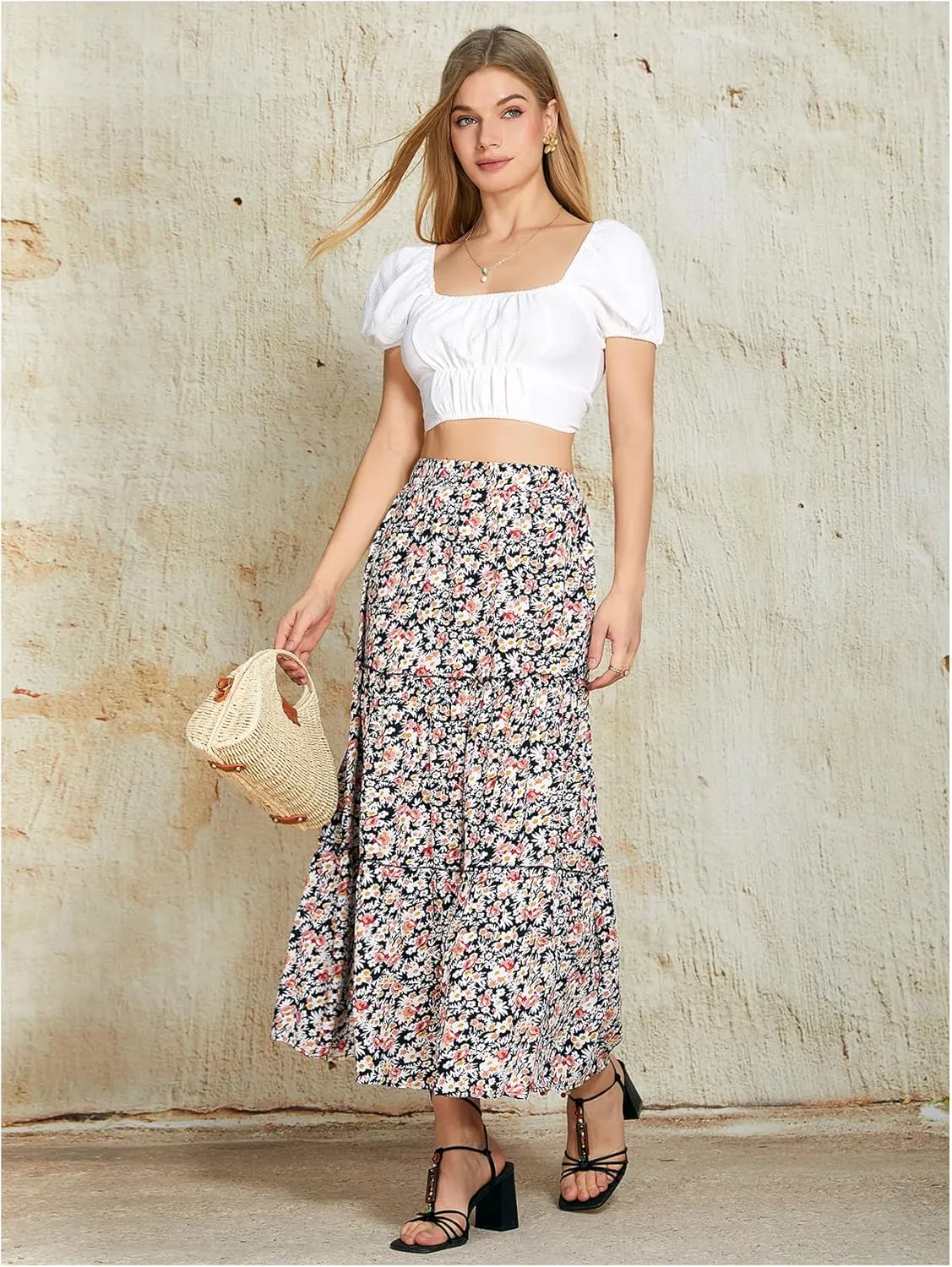 Milumia Women's Boho Vintage Floral Tiered A Line Pleated Midi Skirt High Waist Long Flowy Skirts