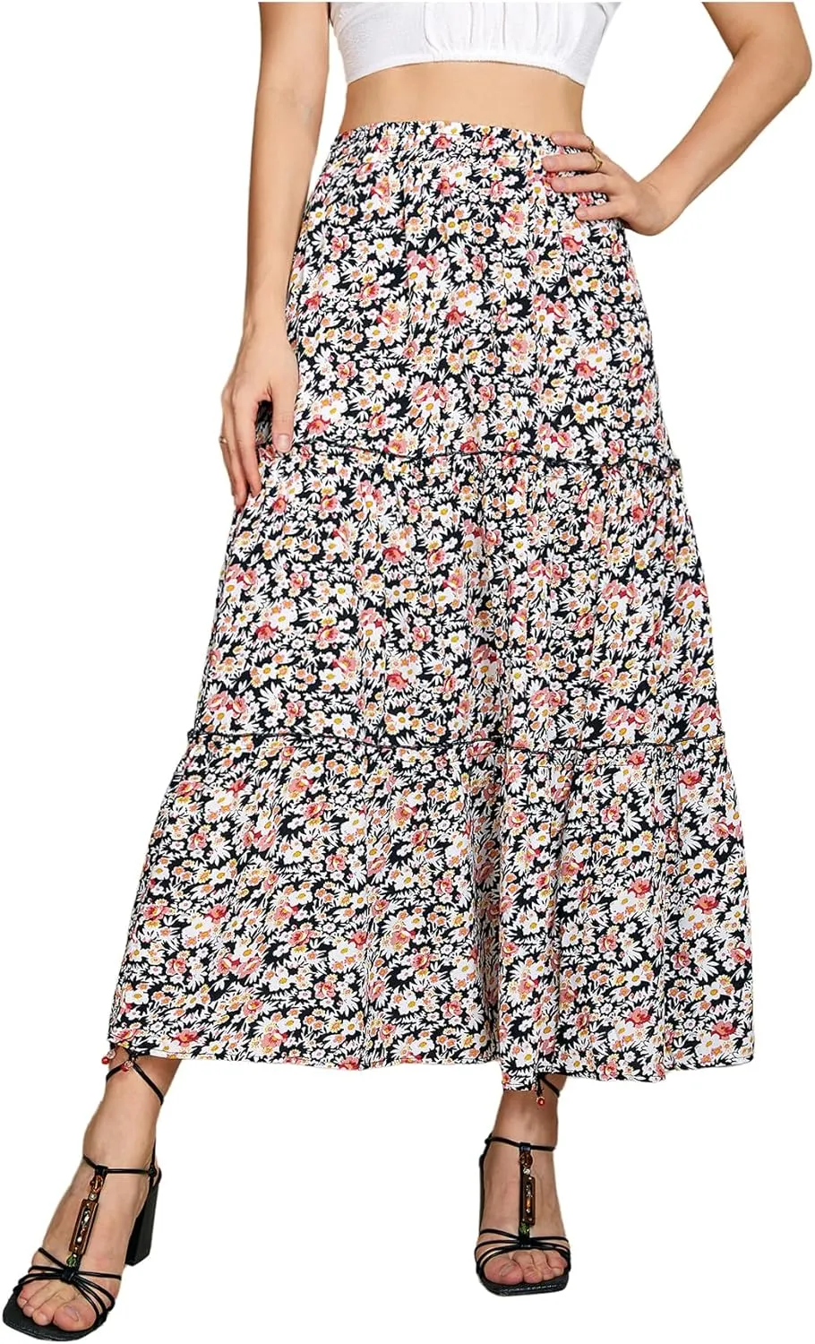 Milumia Women's Boho Vintage Floral Tiered A Line Pleated Midi Skirt High Waist Long Flowy Skirts