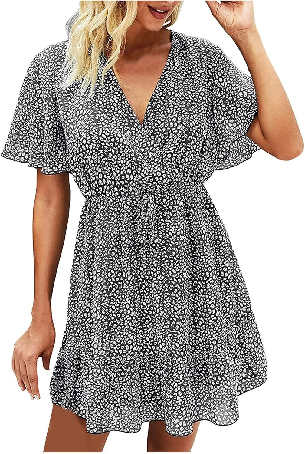 MINGXIN Women's Casual Mini Dress Ruffle Floral Print Relaxed Fit Swing Dress Short Sleeve V Neck Belt Beach Party Dress