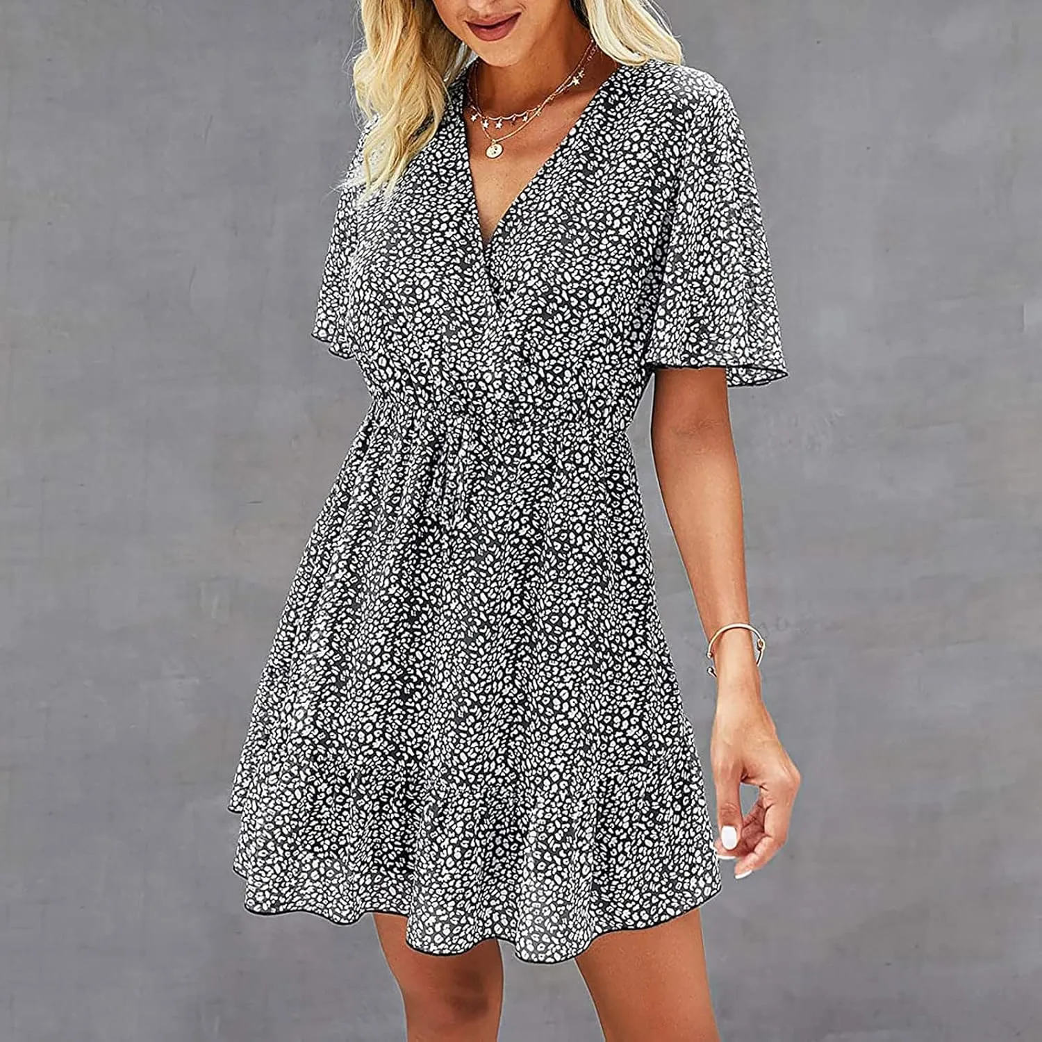 MINGXIN Women's Casual Mini Dress Ruffle Floral Print Relaxed Fit Swing Dress Short Sleeve V Neck Belt Beach Party Dress