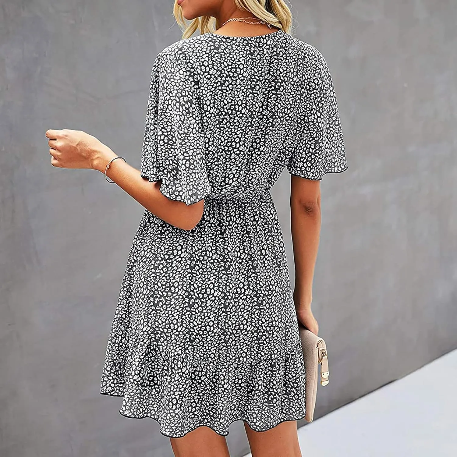MINGXIN Women's Casual Mini Dress Ruffle Floral Print Relaxed Fit Swing Dress Short Sleeve V Neck Belt Beach Party Dress