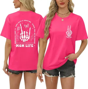 Mom Life Shirts for Women Funny Oversized Mama Tshirt Skeleton Graphic Tees Vintage Casual Short Sleeve T-Shirts Tops