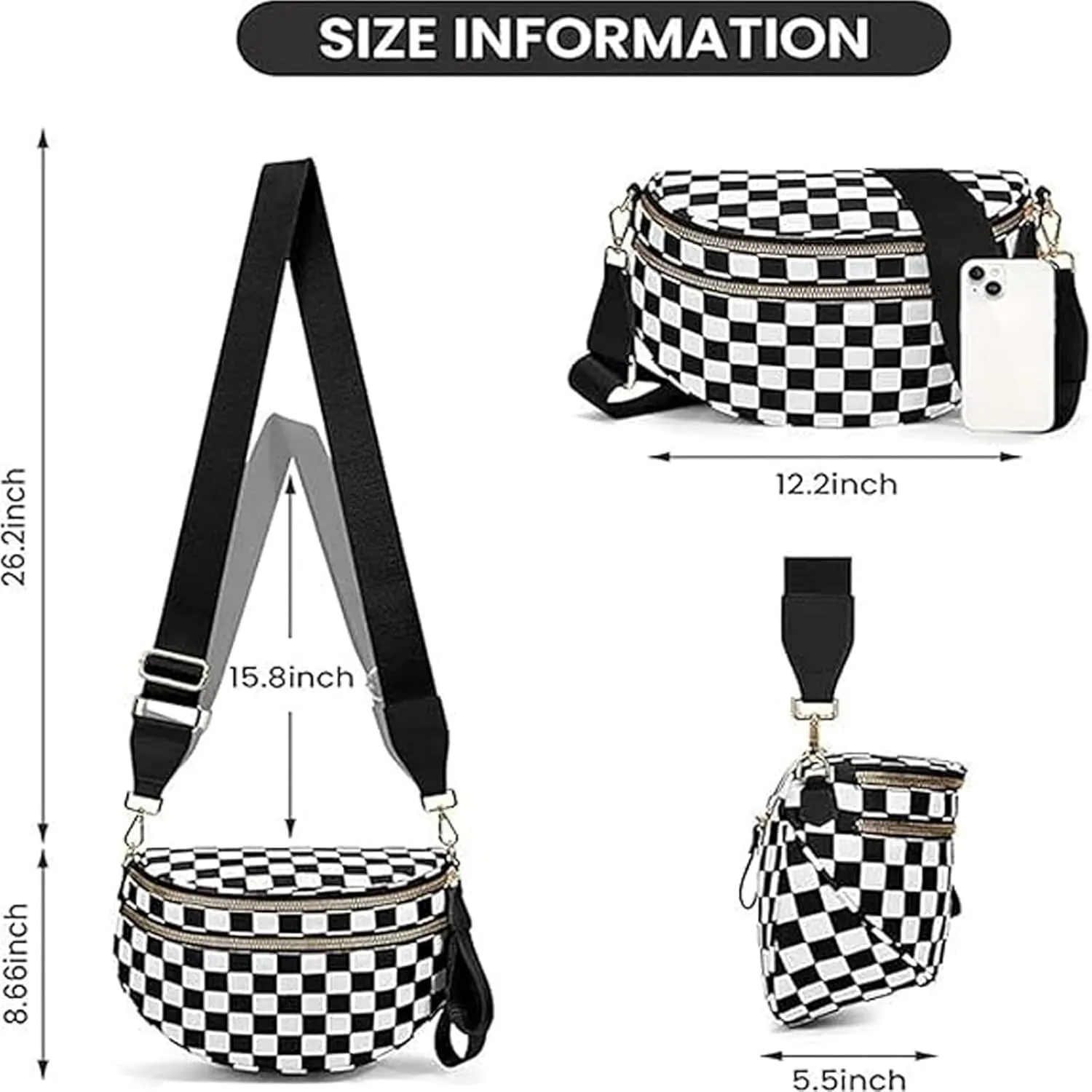 Nuvore Crossbody Bag, Black and White Checkered Bag, Trendy Checkerboard Chest Bag, Handbag (Blue)