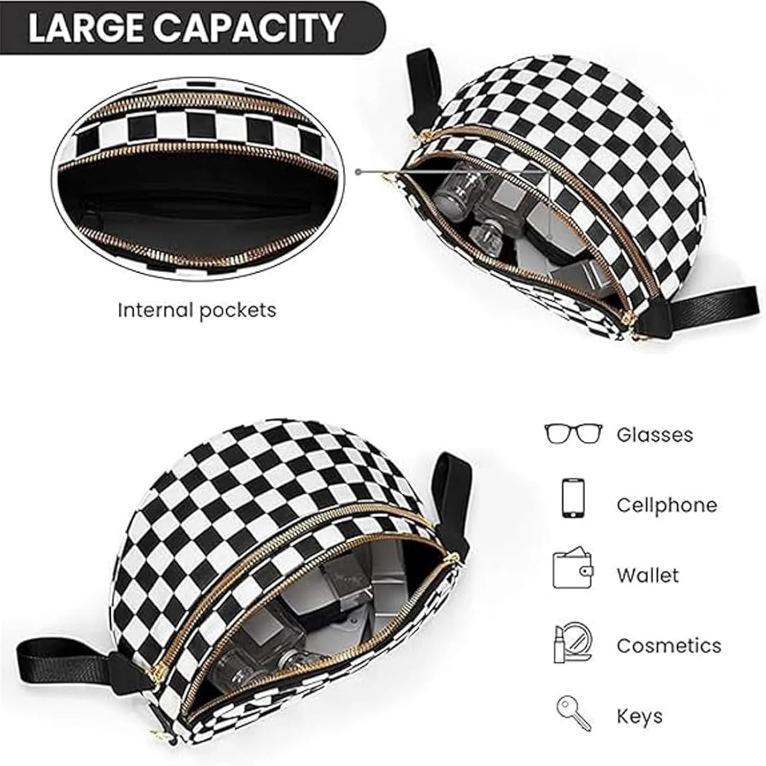 Nuvore Crossbody Bag, Black and White Checkered Bag, Trendy Checkerboard Chest Bag, Handbag (Blue)