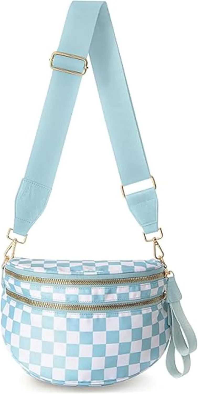 Nuvore Crossbody Bag, Black and White Checkered Bag, Trendy Checkerboard Chest Bag, Handbag (Blue)