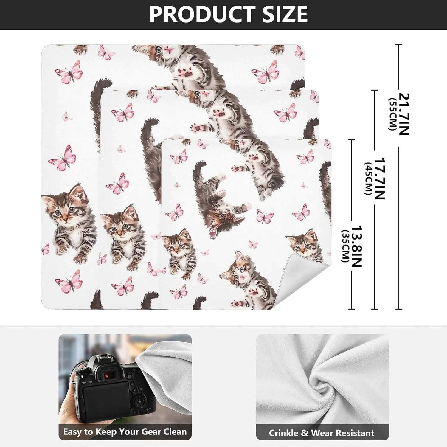 ODAWA Cute Kittens White Self-adhesive Cloth 21.7X21.7 Inch Magic Flexible Folding Self-Stick Makeup Bag for Camera, Lens, Laptop