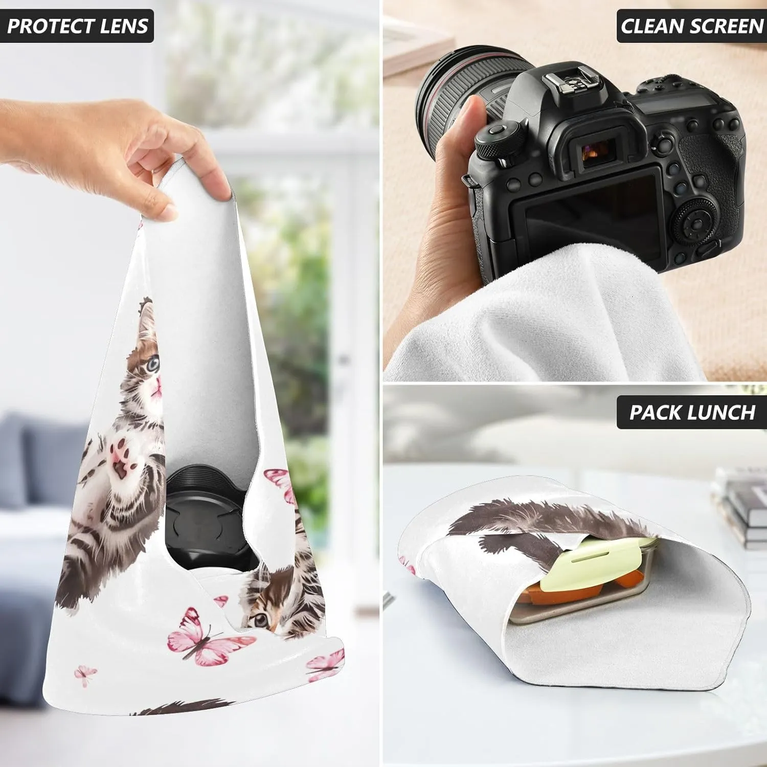 ODAWA Cute Kittens White Self-adhesive Cloth 21.7X21.7 Inch Magic Flexible Folding Self-Stick Makeup Bag for Camera, Lens, Laptop