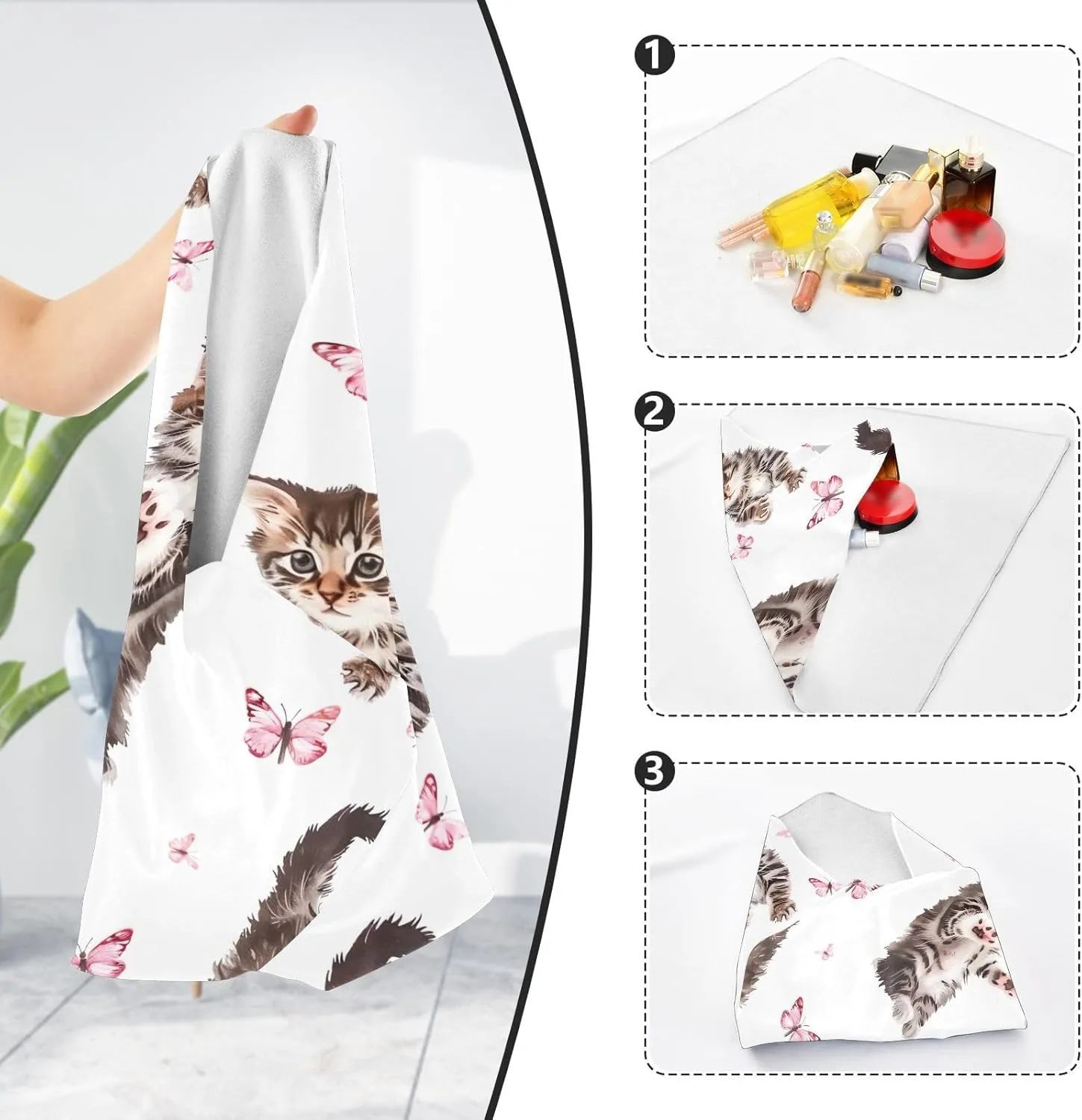 ODAWA Cute Kittens White Self-adhesive Cloth 21.7X21.7 Inch Magic Flexible Folding Self-Stick Makeup Bag for Camera, Lens, Laptop