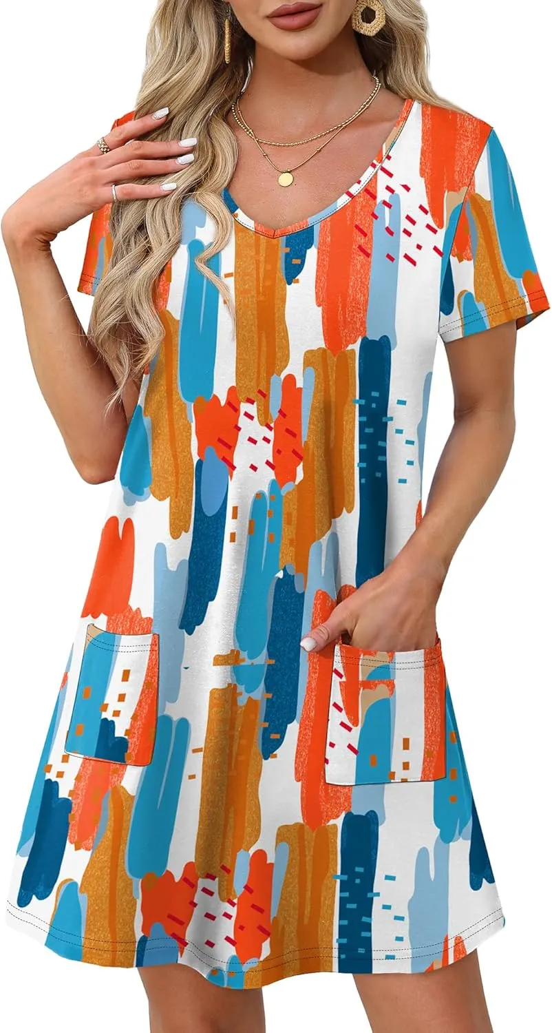 OFEEFAN Summer Dresses for Women 2025 Loose V Neck Short Sleeve Casual T Shirt Dress Sundresses Swimsuit Coverup with Pockets
