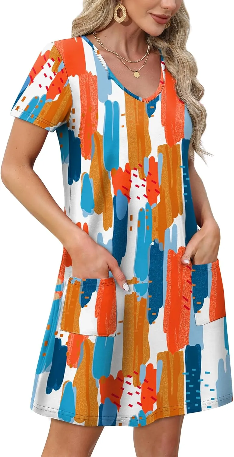 OFEEFAN Summer Dresses for Women 2025 Loose V Neck Short Sleeve Casual T Shirt Dress Sundresses Swimsuit Coverup with Pockets