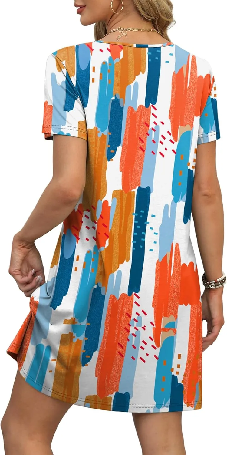 OFEEFAN Summer Dresses for Women 2025 Loose V Neck Short Sleeve Casual T Shirt Dress Sundresses Swimsuit Coverup with Pockets