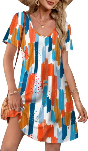 OFEEFAN Summer Dresses for Women 2025 Loose V Neck Short Sleeve Casual T Shirt Dress Sundresses Swimsuit Coverup with Pockets