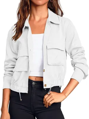 Onedreamer Women's Military Safari Cropped Jackets Button Down Lightweight Oversized Utility Anorak Coat with Pockets