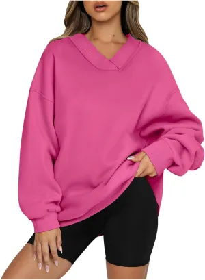 Oversized Fleece Sweatshirts For Women Trendy 2024 Long Sleeve v Neck Pullover Tops Casual Loose Solid Fall Clothes