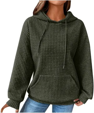 Oversized Hoodies for Women Trendy Casual Waffle Sweatshirt Y2k Drawstring Long Sleeve Pullover Cute Hoodie w/Pockets