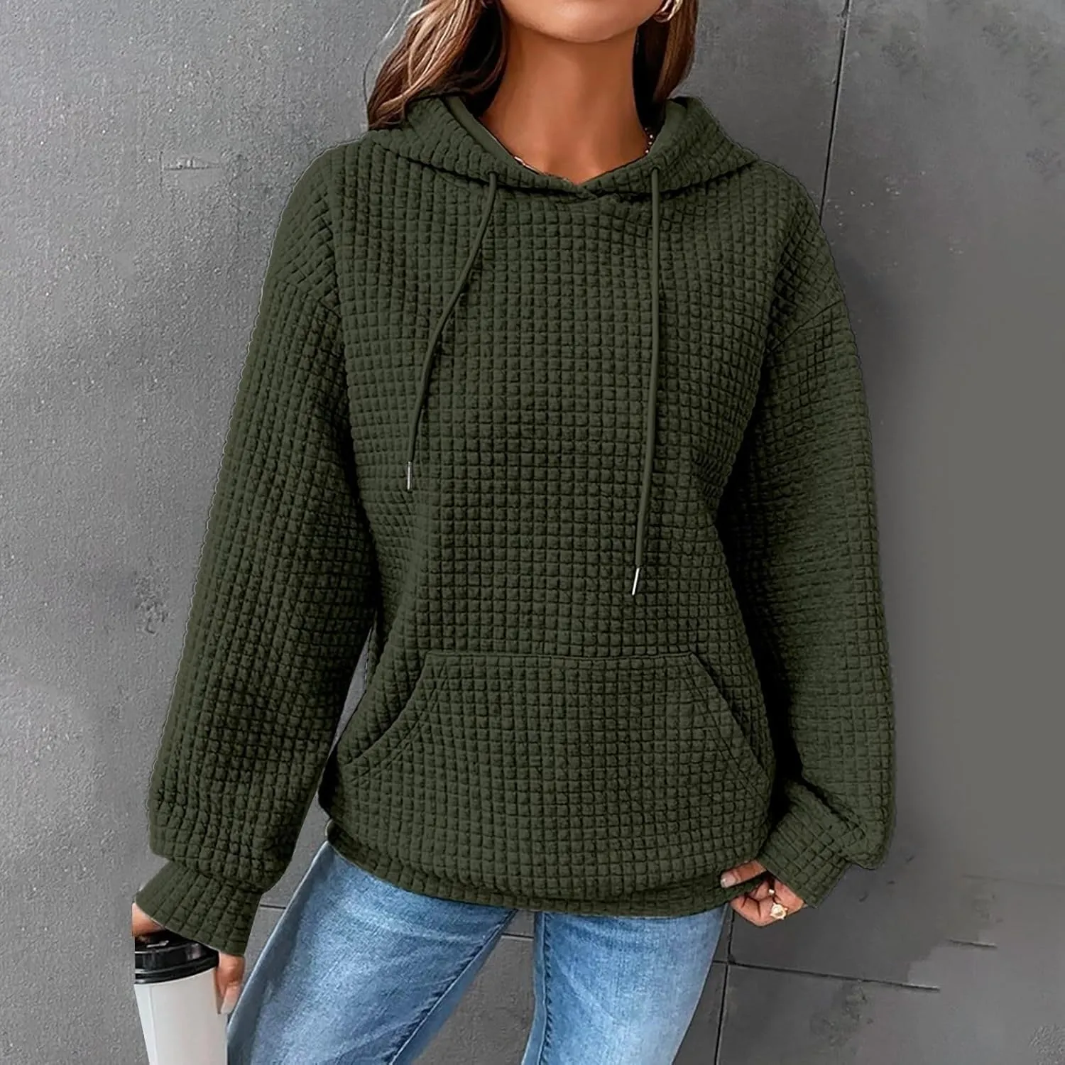 Oversized Hoodies for Women Trendy Casual Waffle Sweatshirt Y2k Drawstring Long Sleeve Pullover Cute Hoodie w/Pockets