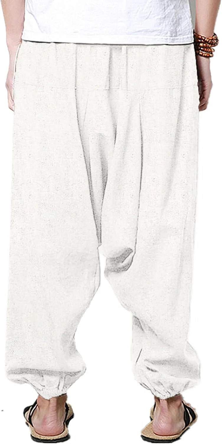 perdontoo Mens Casual Harem Pants Cotton Boho Yoga Hippie Aladdin Summer Beach Drop Crotch Trouser