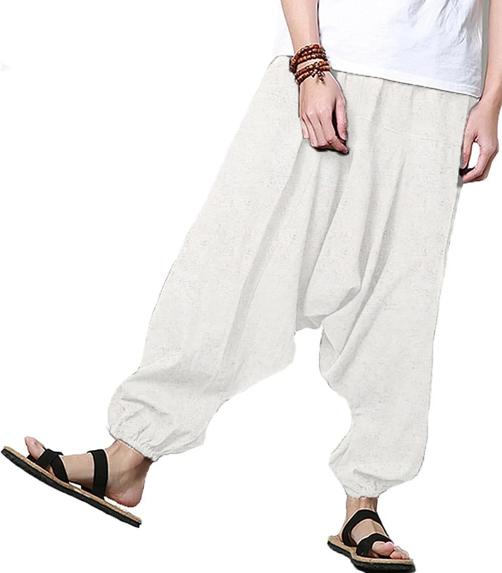 perdontoo Mens Casual Harem Pants Cotton Boho Yoga Hippie Aladdin Summer Beach Drop Crotch Trouser