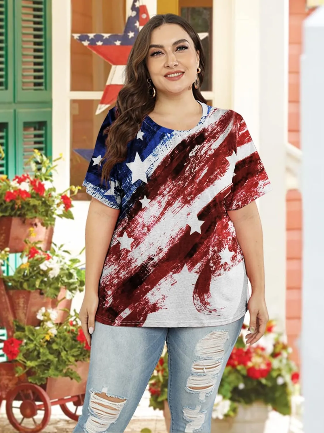 Plus Size American Flag Shirts for Women Funny 4th of July T Shirt Stars Stripes Print Patriotic Tee Tops 2x-5x