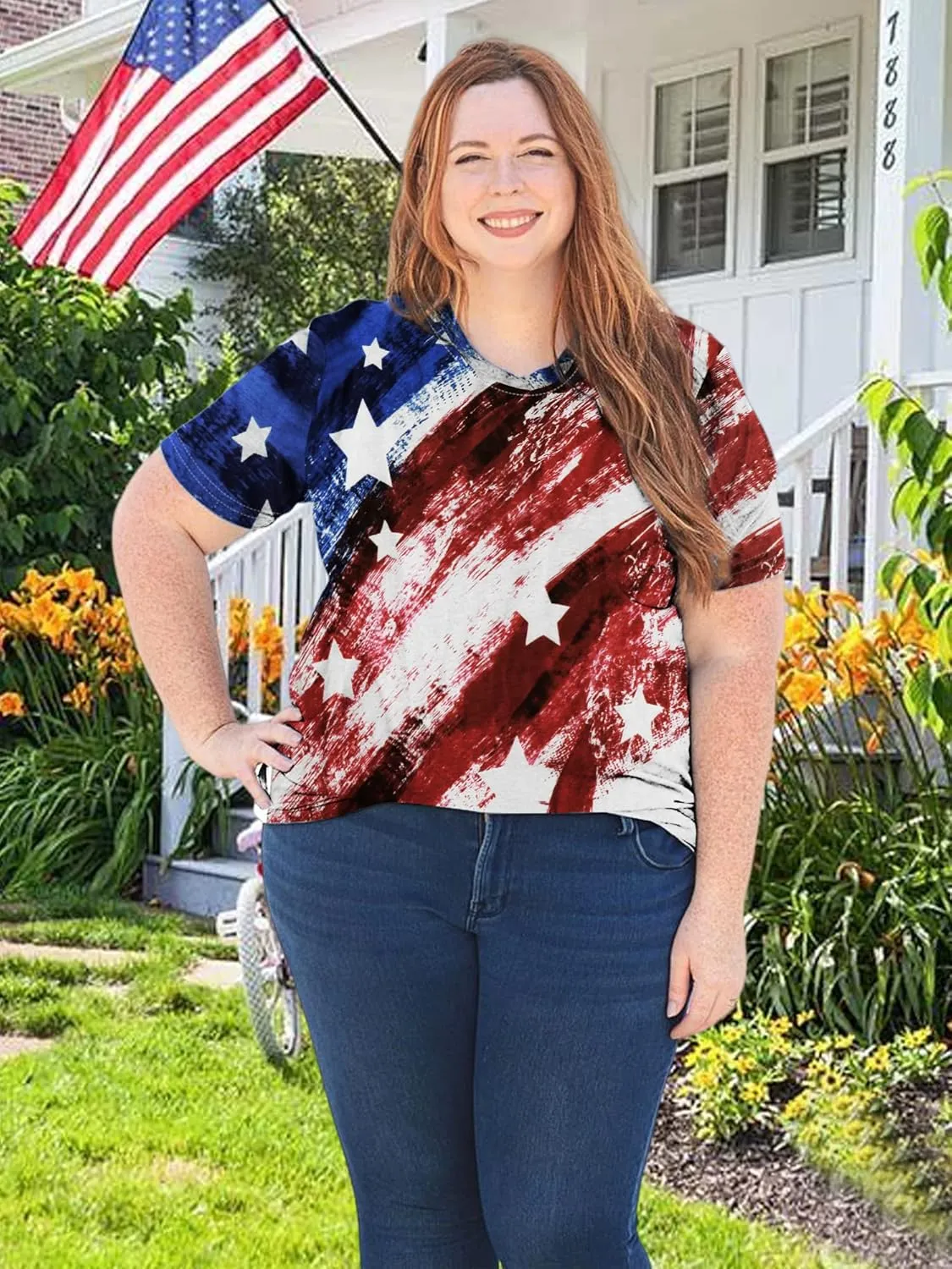 Plus Size American Flag Shirts for Women Funny 4th of July T Shirt Stars Stripes Print Patriotic Tee Tops 2x-5x