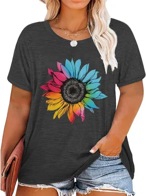 Plus Size Tops for Women Vintage Flower Graphic Tees Boho Floral Wildflowers Casual T Shirt Summer Short Sleeve Tops