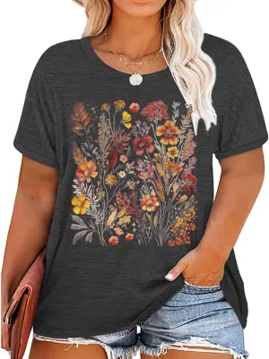 Plus Size Tops for Women Vintage Flower Graphic Tees Boho Floral Wildflowers Casual T Shirt Summer Short Sleeve Tops
