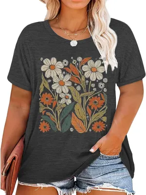Plus Size Tops for Women Vintage Flower Graphic Tees Boho Floral Wildflowers Casual T Shirt Summer Short Sleeve Tops