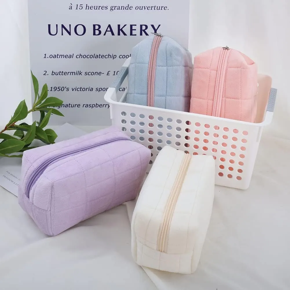 Plush Makeup Bag Cute Cosmetic Bag Solid Color Travel Toiletry Bag Small Skin Care Pouch Fuzzy Makeup Zipper Bag White