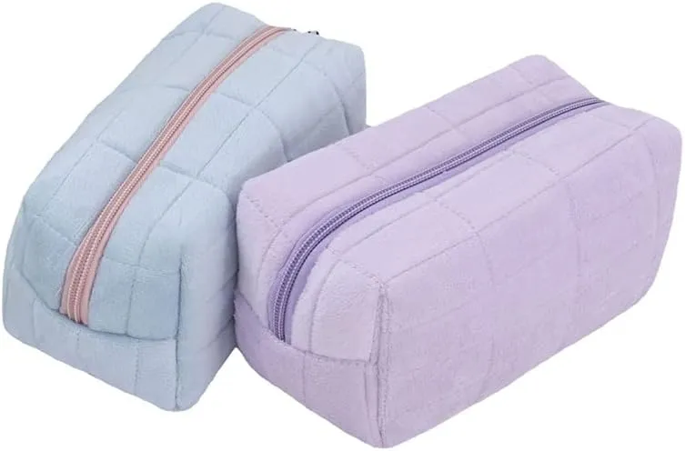 Plush Makeup Bag Cute Cosmetic Bag Solid Color Travel Toiletry Bag Small Skin Care Pouch Fuzzy Makeup Zipper Bag White