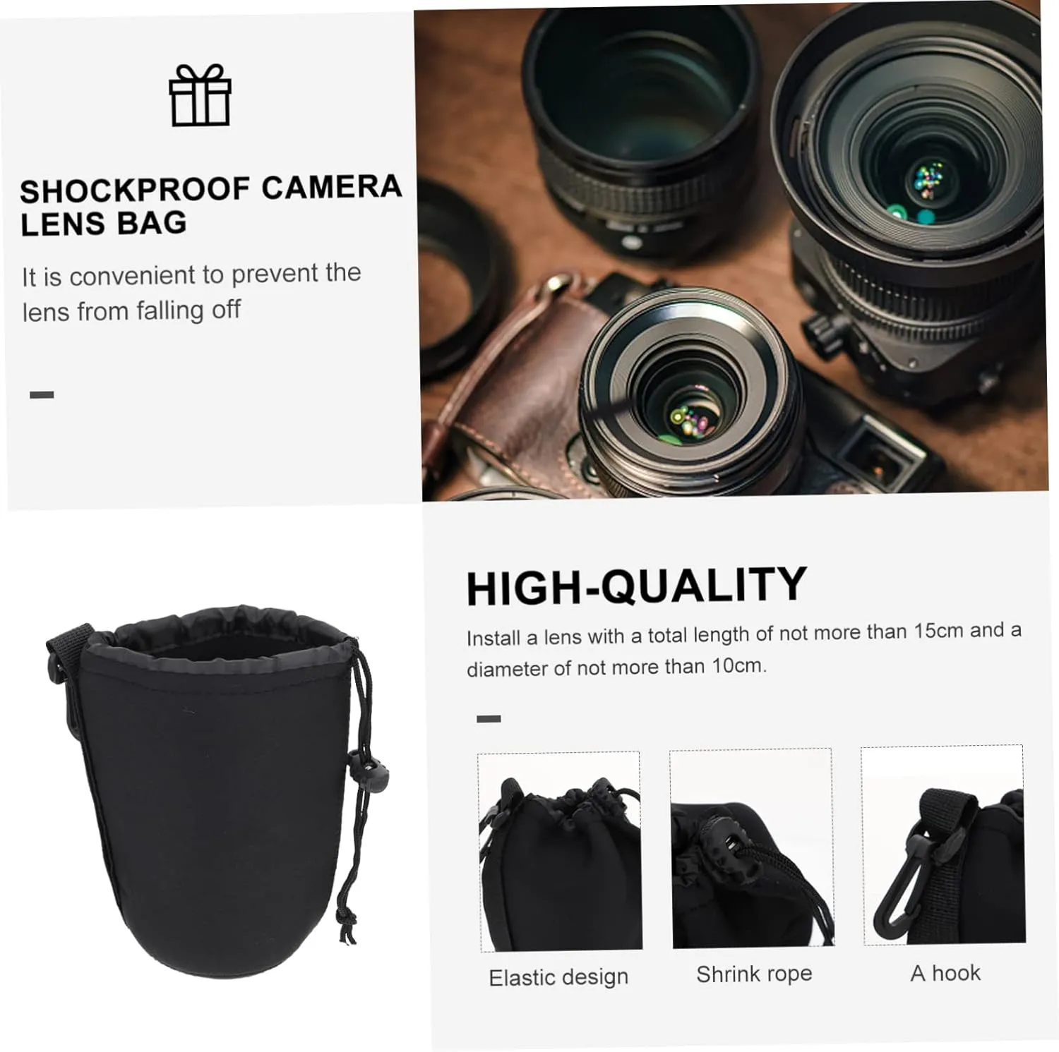 POPETPOP 2pcs Lens Bag Travel Lens Pouch Cases Protective Accessories Protector Neoprene Pouch Bag Camera Black Neoprene