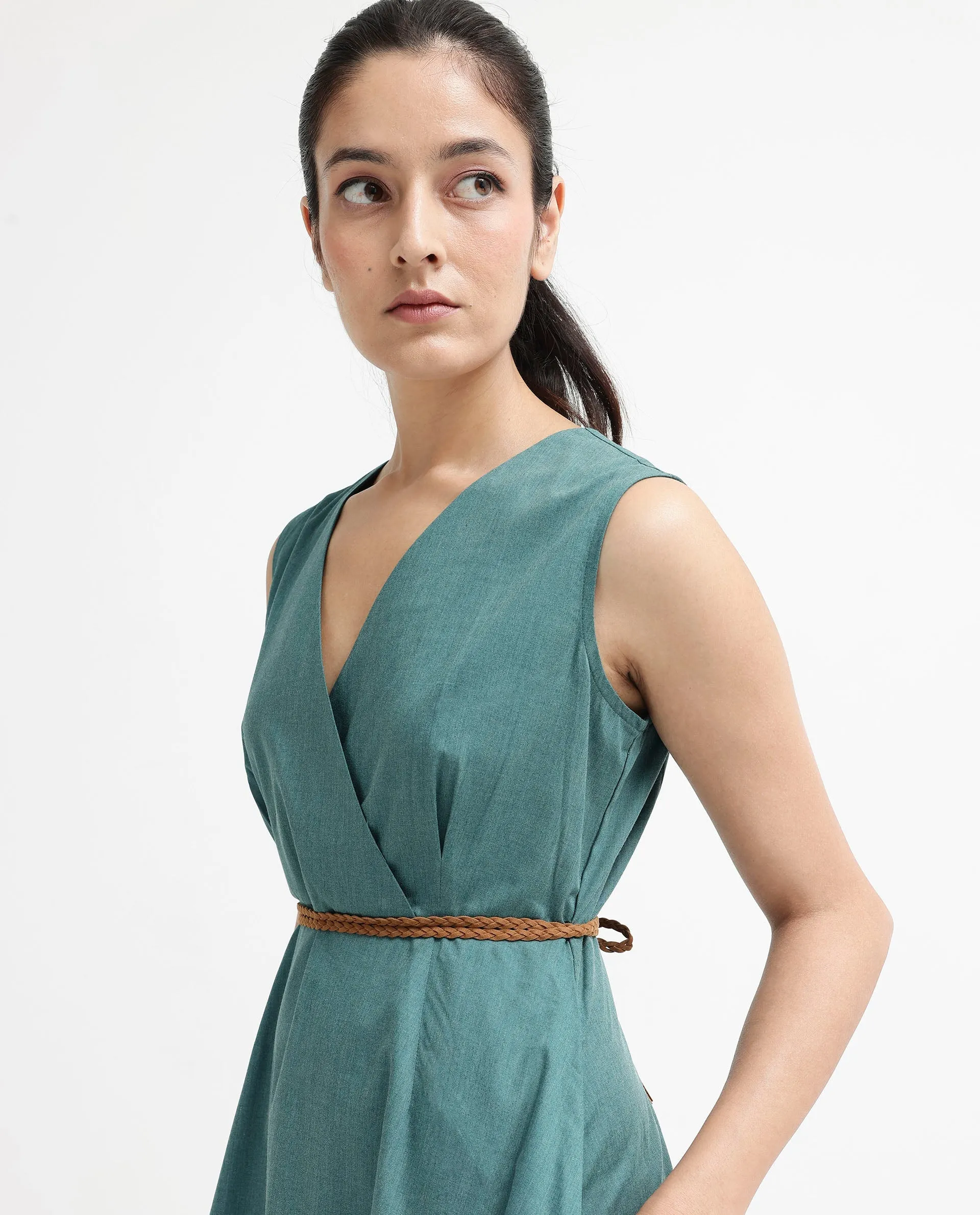 Rareism Women Valmode Green Zipper Closure Sleeveless Over Lap Neck Fit And Flare Plain Midi Dress