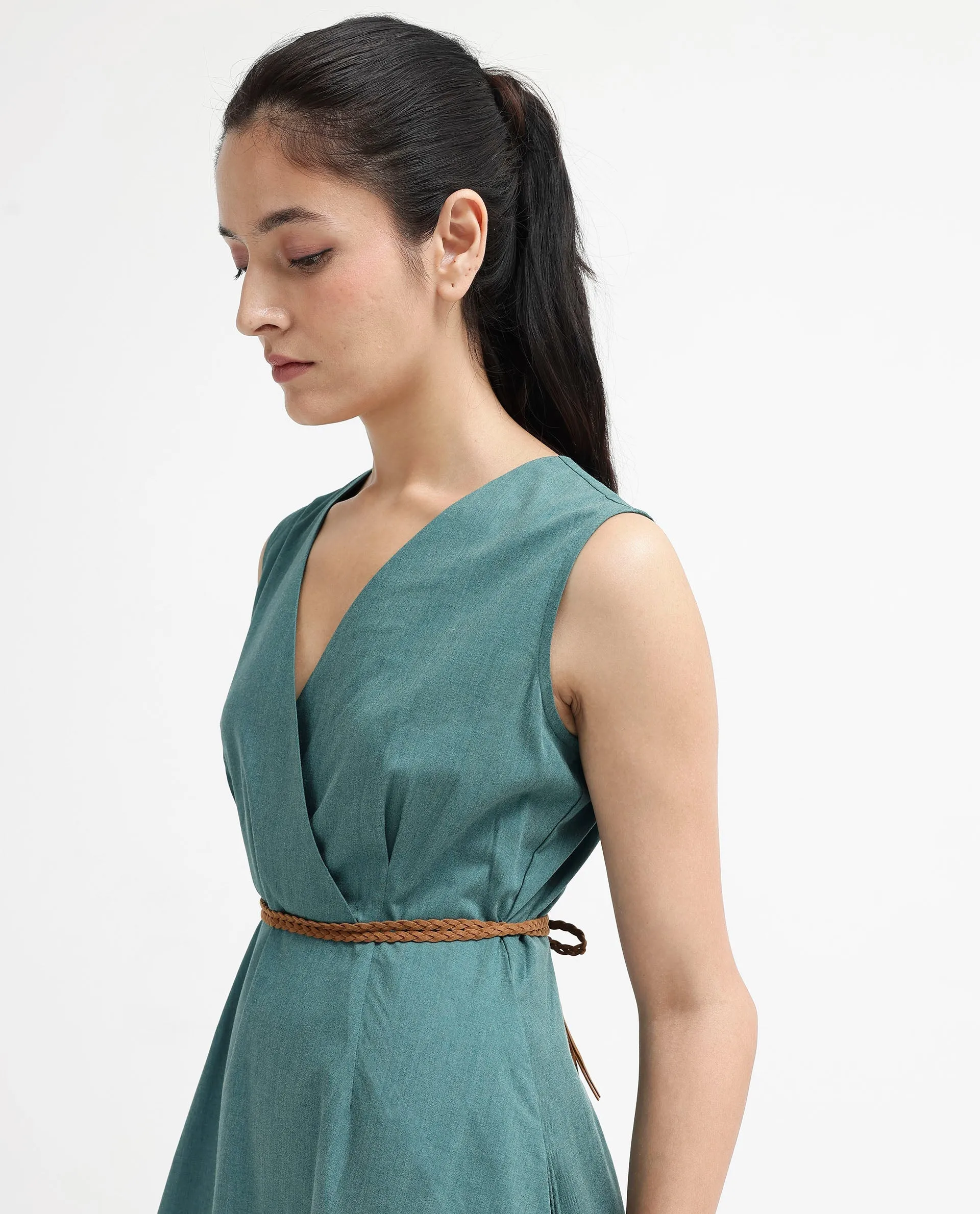 Rareism Women Valmode Green Zipper Closure Sleeveless Over Lap Neck Fit And Flare Plain Midi Dress