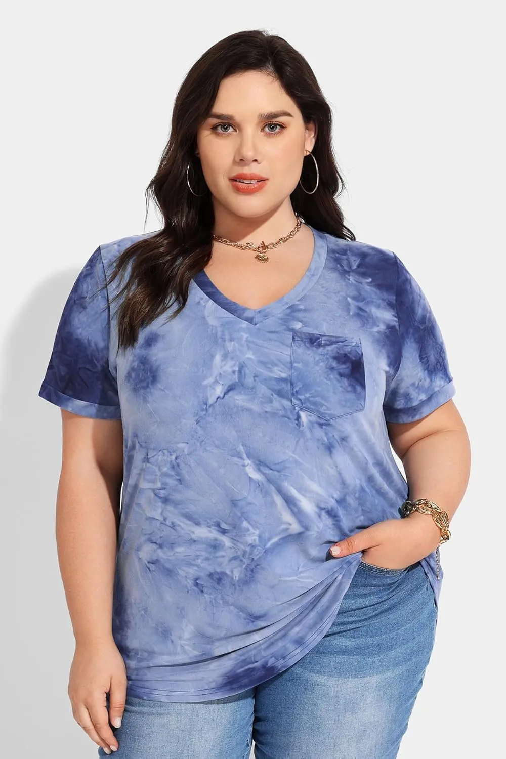 RITERA Plus Size Tops for Women Tie Dye Summer T Shirts V Neck Short Sleeve Casual Tee Tops with Front Pocket XL-5XL