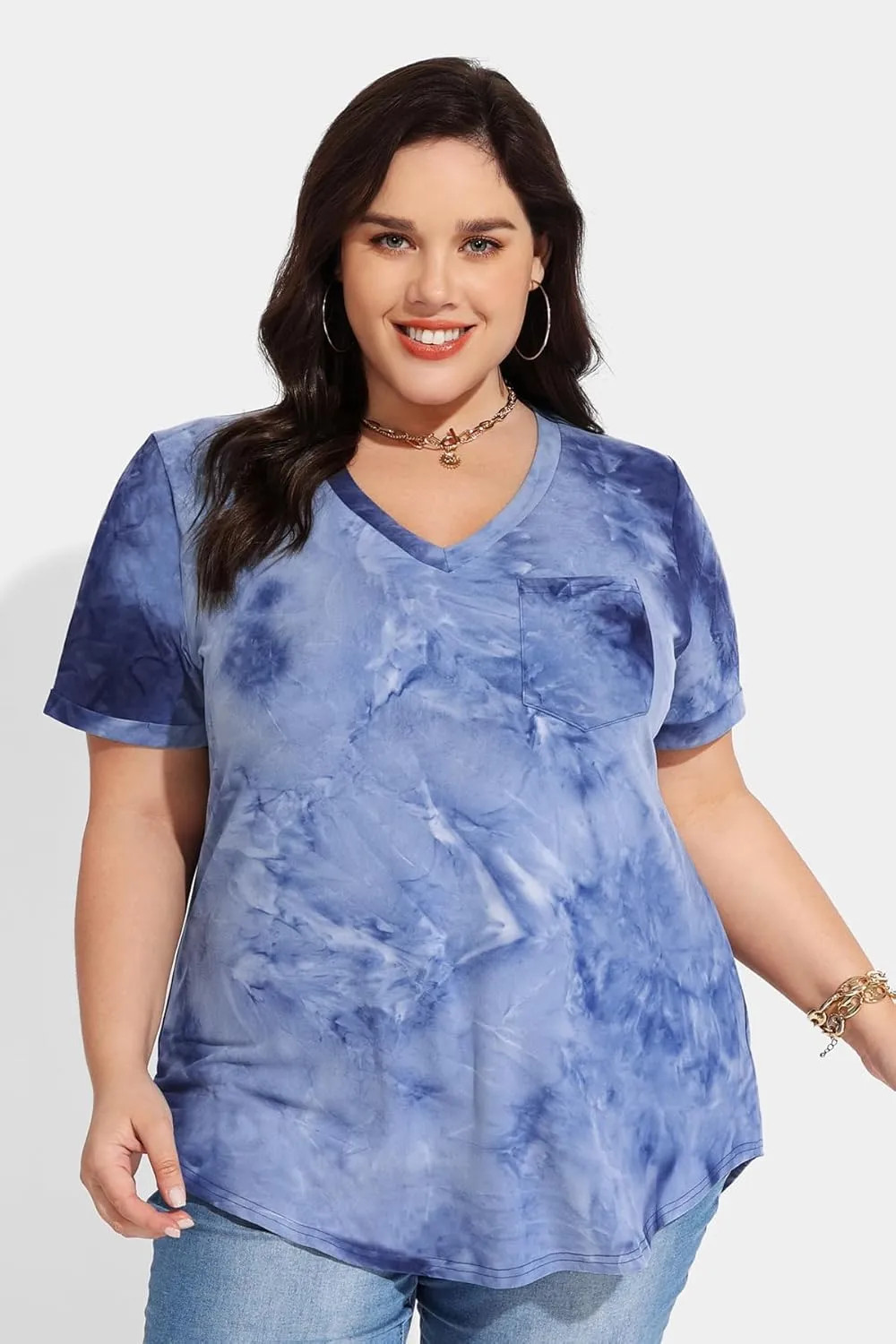 RITERA Plus Size Tops for Women Tie Dye Summer T Shirts V Neck Short Sleeve Casual Tee Tops with Front Pocket XL-5XL