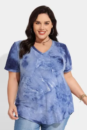 RITERA Plus Size Tops for Women Tie Dye Summer T Shirts V Neck Short Sleeve Casual Tee Tops with Front Pocket XL-5XL