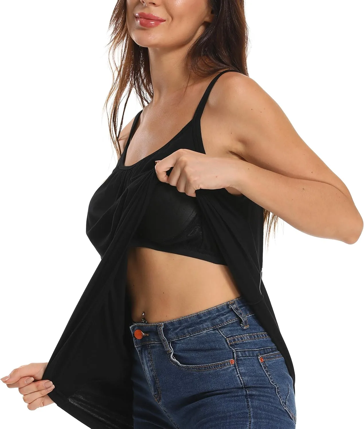 RITERA Women's Tank Top with Built in Padded Bra Cotton Shirred Flowly Relaxed Cami Adjustable Straps Camisole with Pleats