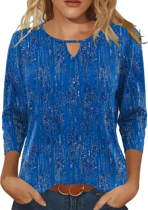 Romanstii 3/4 Length Sleeve Womens Tops Keyhole Crewneck Shirts Business Dressy Casual Tunic Blouses Summer Basic Tees