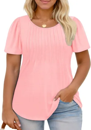 ROSRISS Plus Size Tops for Women Summer Flowy Pleated T Shirts Dressy Crew Neck Tees Casual Short Sleeve Blouses XL-5XL