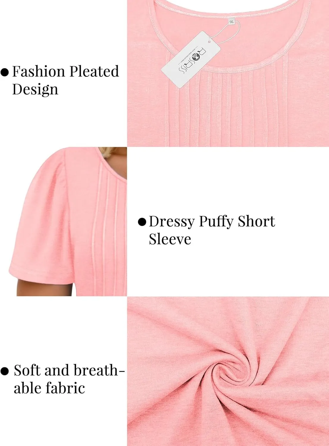 ROSRISS Plus Size Tops for Women Summer Flowy Pleated T Shirts Dressy Crew Neck Tees Casual Short Sleeve Blouses XL-5XL