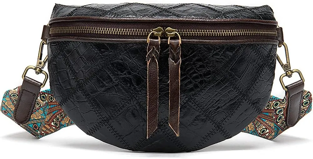 ROUROU Fashion Waist Packs for Women Genuine Leather Fanny Packs Patchwork Chest Bag Retro Shoulder Bag Crossbody Bag Purse