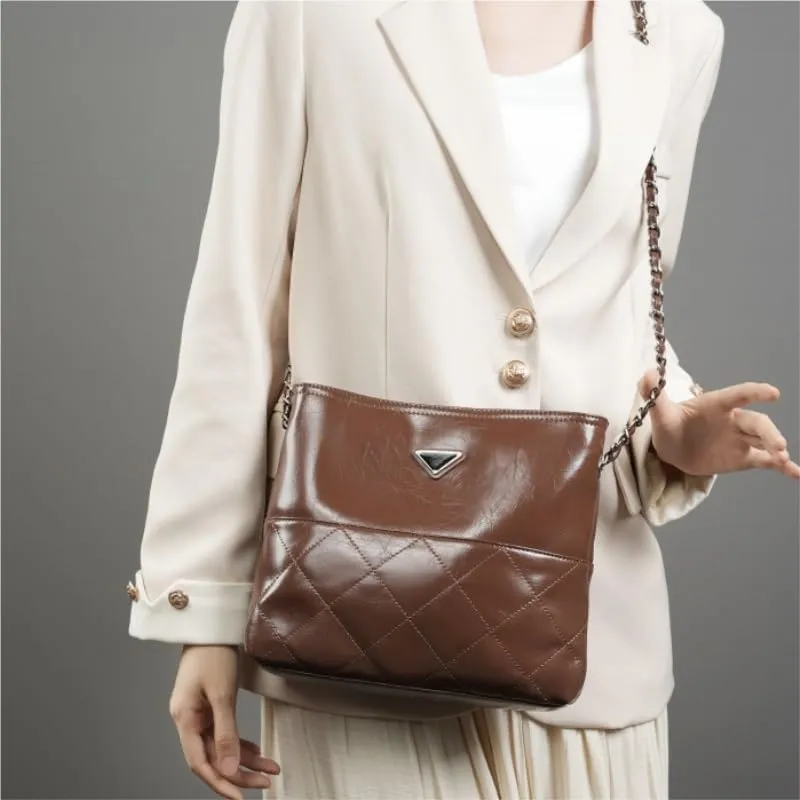 Satchel purse tote bag first layer cowhide versatile small square bag fashionable commuter shoulder bag(Black)