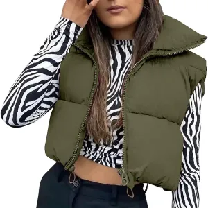 SHIBAOZI Women Girls Cropped Puffer Vest Jackets Casual Zip-up Sleeveless Winter Warm Down Coat