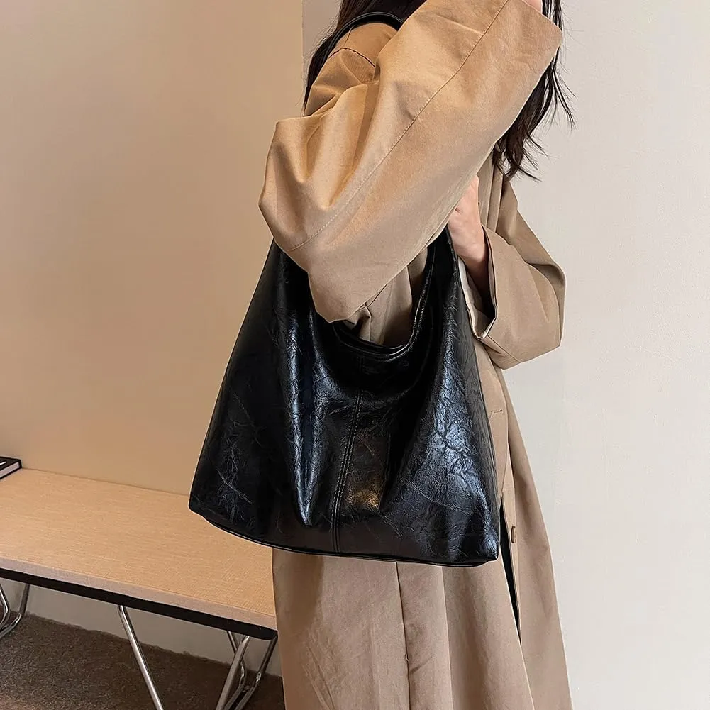 Slouchy Hobo Bags for Women Large Tote Bag 2PCS Retro Vegan Leather Shoulder Slouchy Handbags with Clutch Purse Set