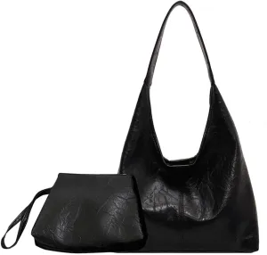 Slouchy Hobo Bags for Women Large Tote Bag 2PCS Retro Vegan Leather Shoulder Slouchy Handbags with Clutch Purse Set