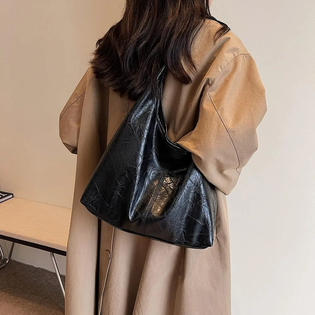 Slouchy Hobo Bags for Women Large Tote Bag 2PCS Retro Vegan Leather Shoulder Slouchy Handbags with Clutch Purse Set