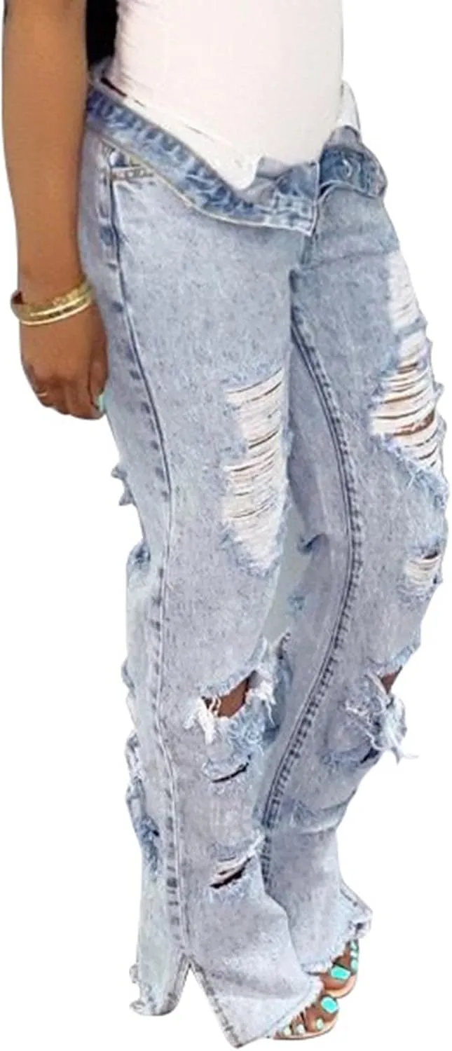 SOMTHRON Women's High Waist Ripped Bell Bottom Jeans Slim Fit Destoryed Flare Denim Pants Distressed Trousers