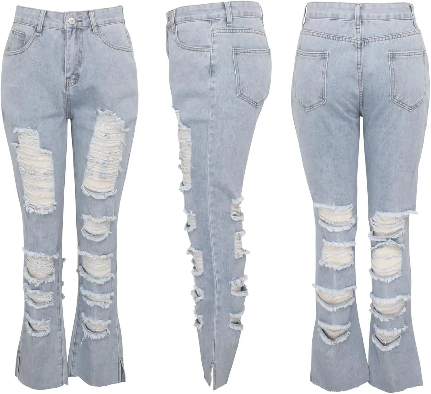 SOMTHRON Women's High Waist Ripped Bell Bottom Jeans Slim Fit Destoryed Flare Denim Pants Distressed Trousers